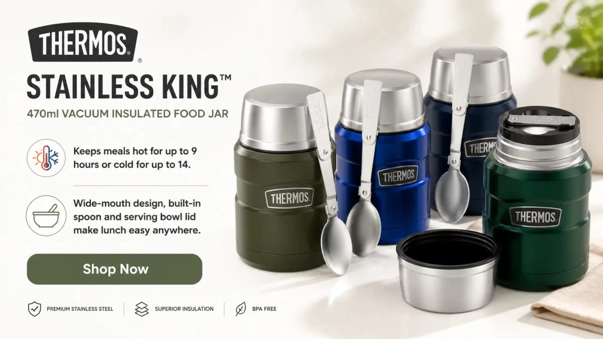 Thermos Stainless King 470ml Food Jar collection with insulated food jars for hot school lunches and meals on the go