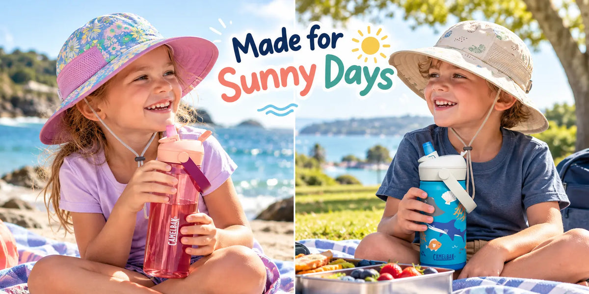 Made for Sunny Days – two kids in Sunday Afternoons sun hats with CamelBak drink bottles at a summer picnic