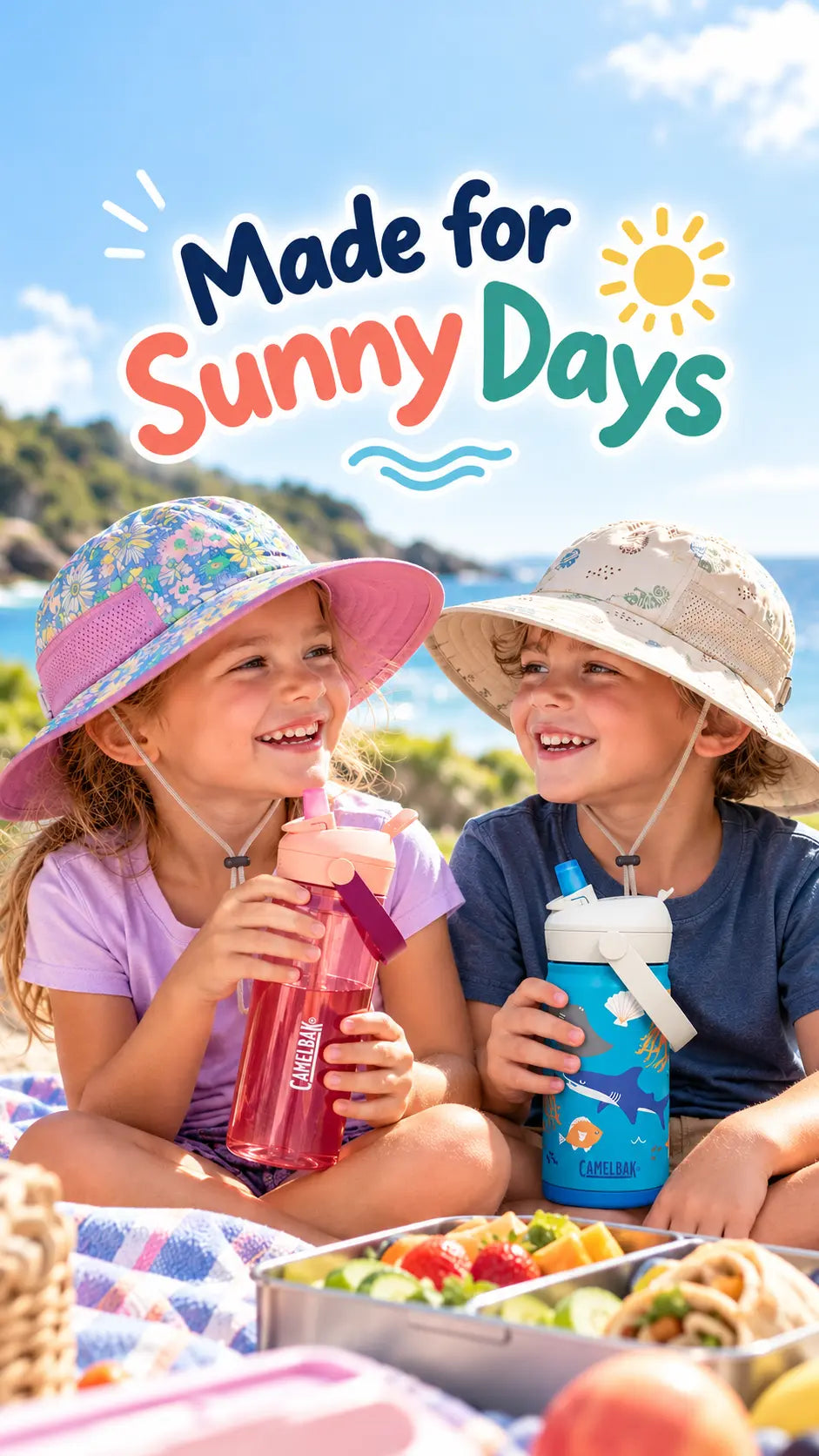 Made for Sunny Days – two kids in Sunday Afternoons sun hats with CamelBak drink bottles at a summer picnic