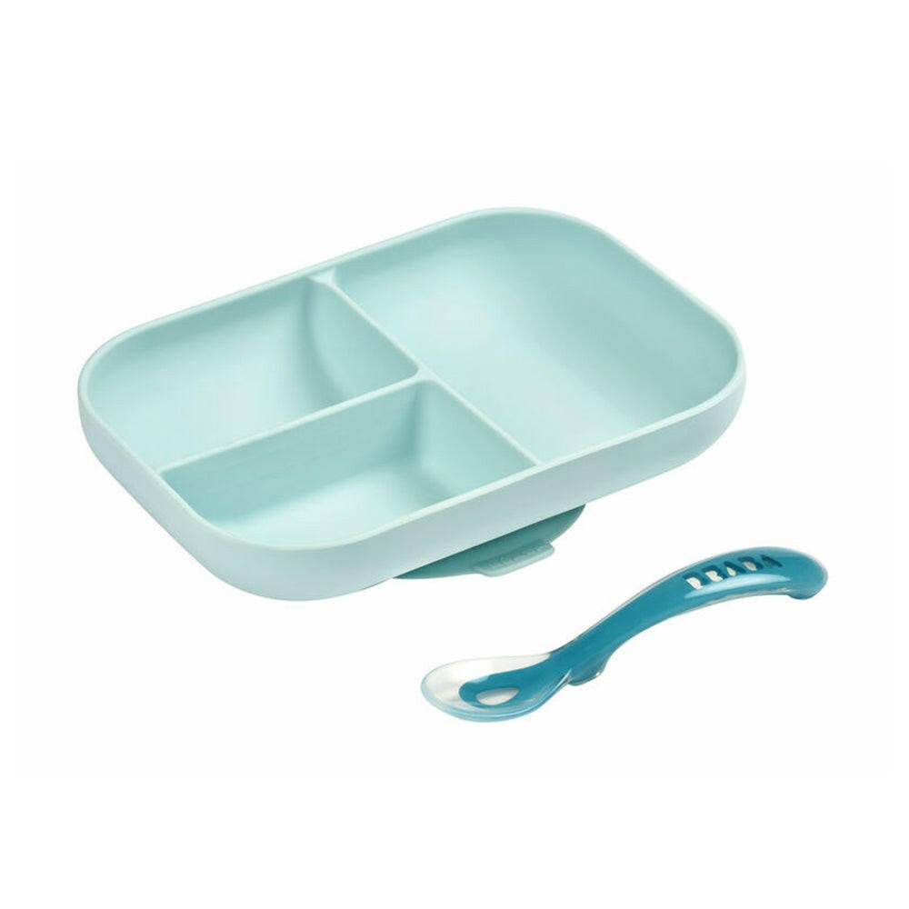 Beaba Silicone Suction Divided Plate & Spoon - Blue Bowls & Utensils for kids