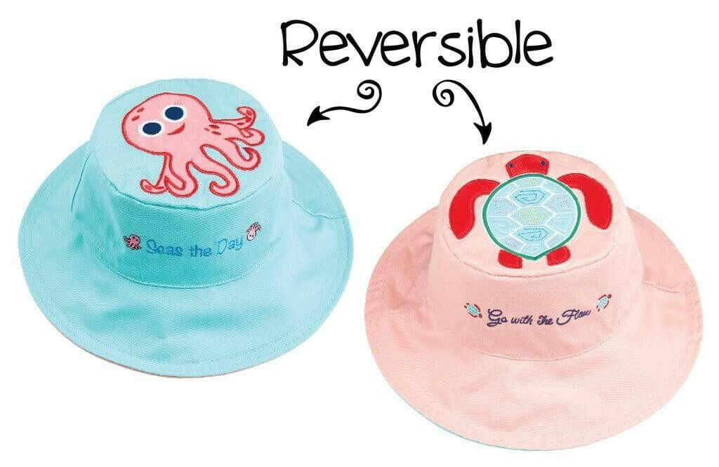 Reversible Kids Sun Hat - Pink Octopus / Sea Turtle - HYPHEN KIDS