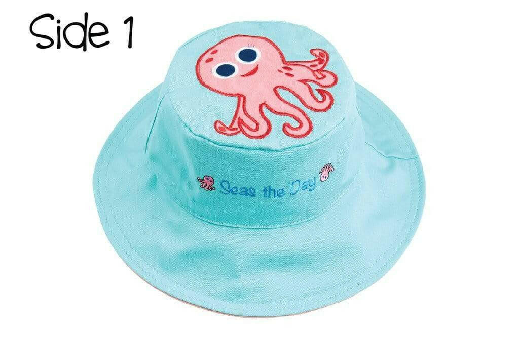 Reversible Kids Sun Hat - Pink Octopus / Sea Turtle - HYPHEN KIDS