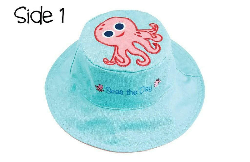 Reversible Kids Sun Hat - Pink Octopus / Sea Turtle - HYPHEN KIDS