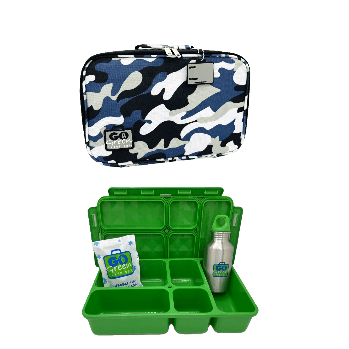 Go Green Lunch Box Set - Blue Camo (Green Lunchbox + insulated bag + drink bottle + ice pack) - Lunch Boxes - Large Lunch Box
