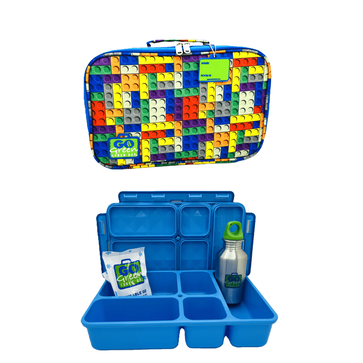 Go Green Lunch Box Set - Bricks'n Pieces (Blue Lunchbox + insulated bag + drink bottle + ice pack) - Lunch Boxes - Large Lunch Box