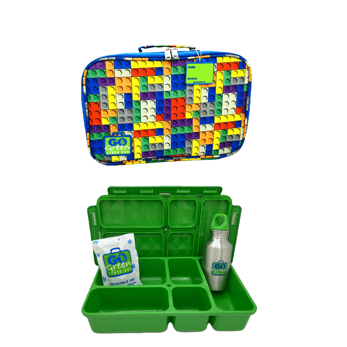 Go Green Lunch Box Set - Bricks'n Pieces (Green Lunchbox + insulated bag + drink bottle + ice pack) - Lunch Boxes - Large Lunch Box