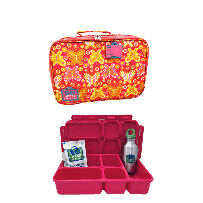 Go Green Lunch Box Set - Butterfly Bash (Pink Lunchbox + insulated bag + drink bottle + ice pack) - Lunch Boxes - Large Lunch Box