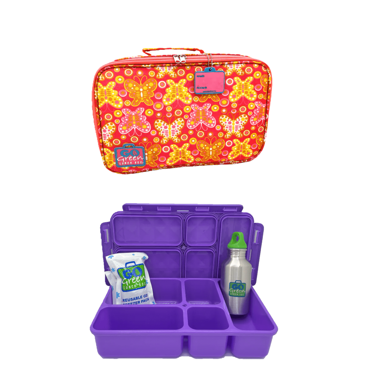Go Green Lunch Box Set - Butterfly Bash (Purple Lunchbox + insulated bag + drink bottle + ice pack) - Lunch Boxes - Large Lunch Box