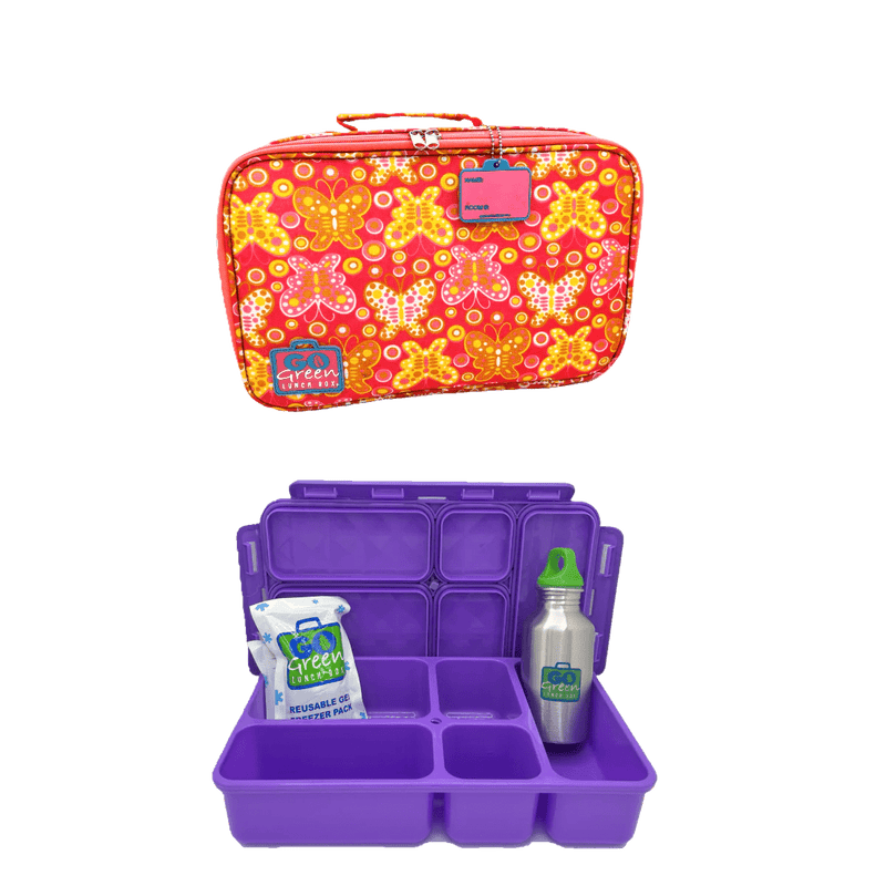Go Green Lunch Box Set - Butterfly Bash (Purple Lunchbox + insulated bag + drink bottle + ice pack) - Lunch Boxes - Large Lunch Box