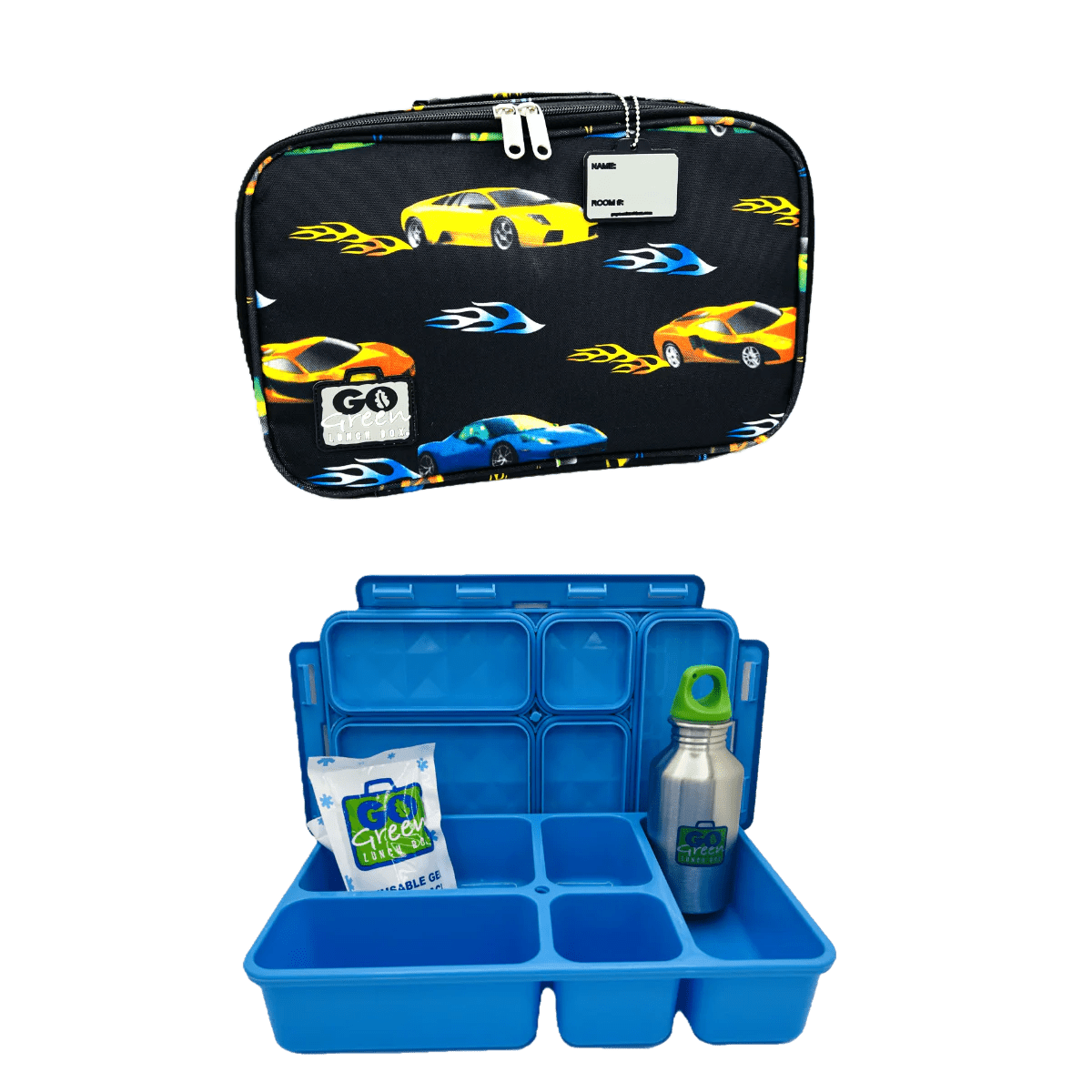 Go Green Lunch Box Set - Fast Flames (Blue Lunchbox + insulated bag + drink bottle + ice pack) - Lunch Boxes - Large Lunch Box