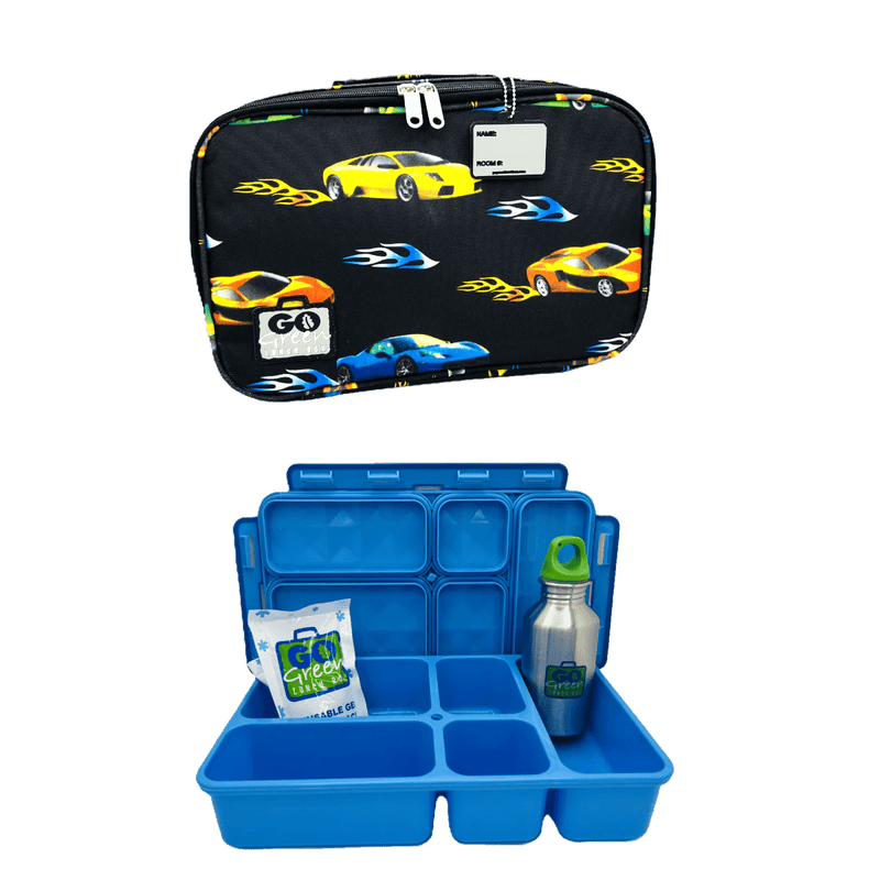 Go Green Lunch Box Set - Fast Flames (Blue Lunchbox + insulated bag + drink bottle + ice pack) - Lunch Boxes - Large Lunch Box
