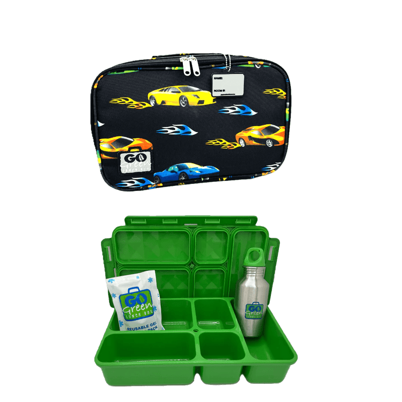 Go Green Lunch Box Set - Fast Flames (Green Lunchbox + insulated bag + drink bottle + ice pack) - Lunch Boxes - Large Lunch Box