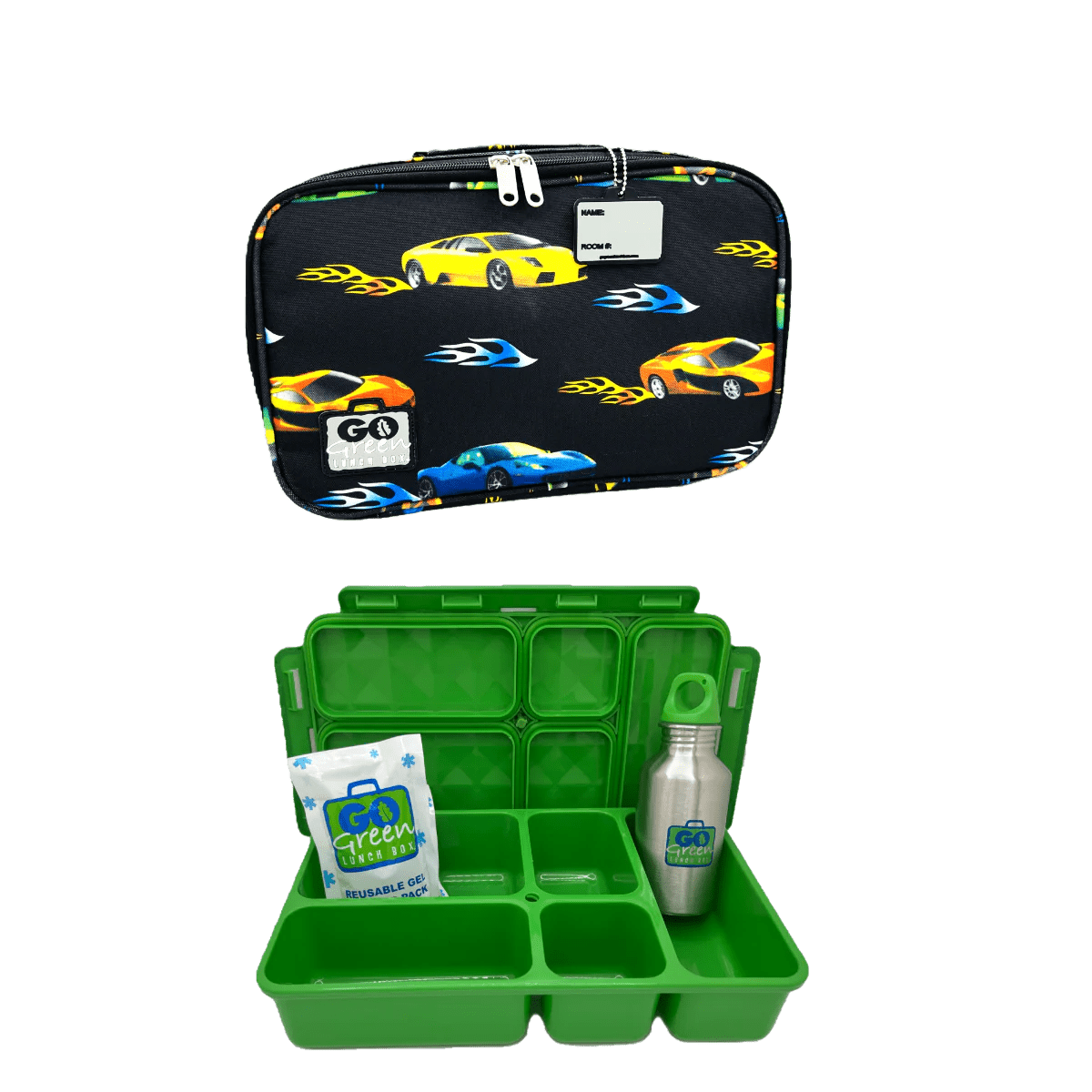Go Green Lunch Box Set - Fast Flames (Green Lunchbox + insulated bag + drink bottle + ice pack) Lunch Boxes for kids