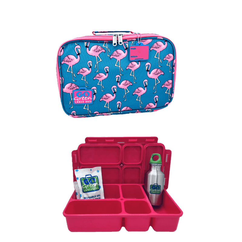 Go Green Lunch Box Set - Flamingo (Pink Lunchbox + insulated bag + drink bottle + ice pack) - Lunch Boxes - Large Lunch Box
