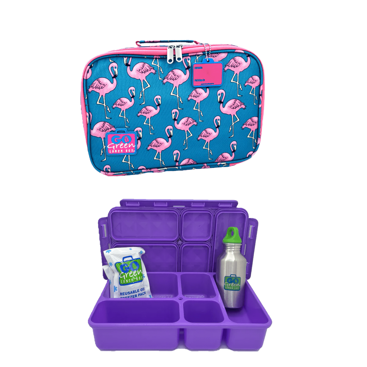 Shop Go Green Lunch Box Set - Flamingo - Purple Lunchbox NZ | Premium Lunch Boxes for School Kids