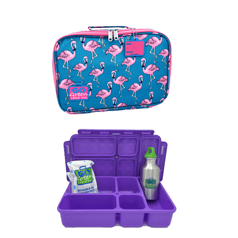 Go Green Lunch Box Set - Flamingo (Purple Lunchbox + insulated bag + drink bottle + ice pack) - Lunch Boxes - Large Lunch Box