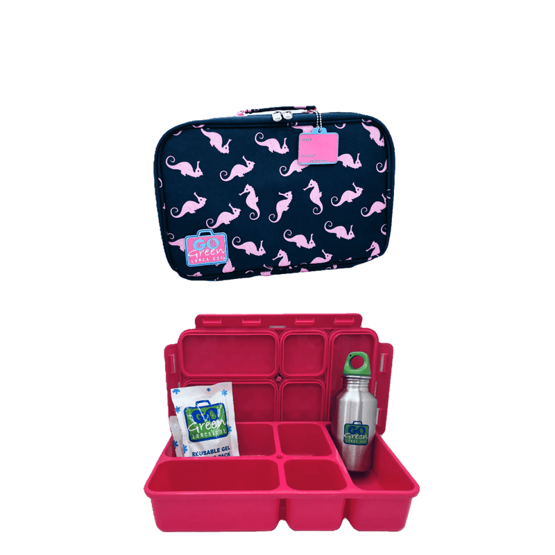 Go Green Lunch Box Set - Seahorse (Pink Lunchbox + insulated bag + drink bottle + ice pack) - Lunch Boxes - Large Lunch Box