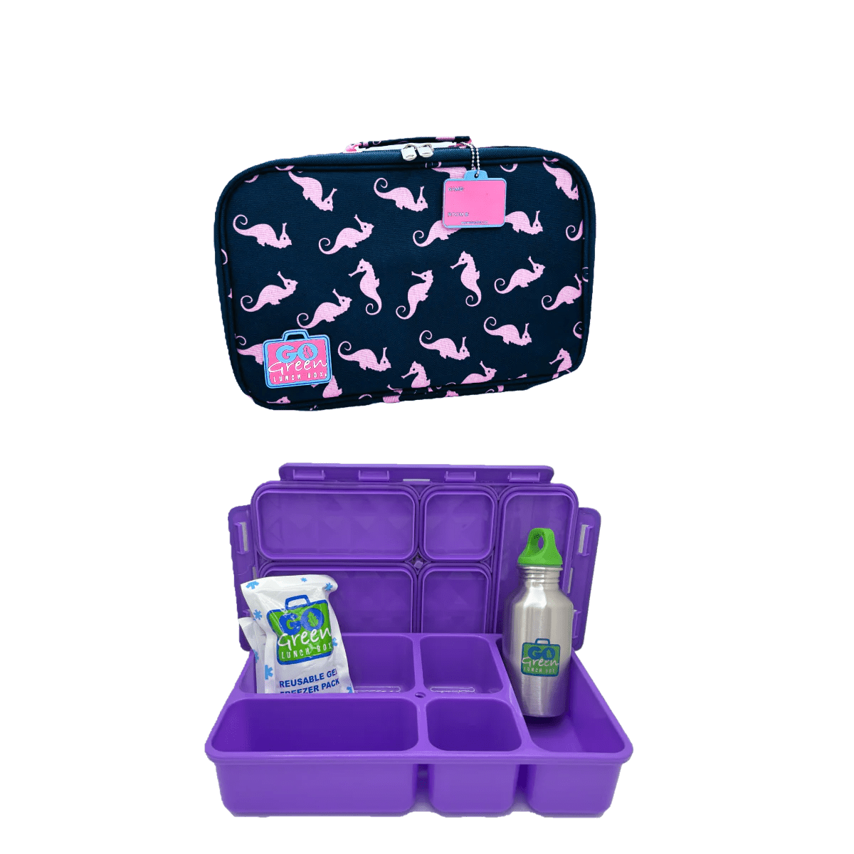 Go Green Lunch Box Set - Seahorse (Purple Lunchbox + insulated bag + drink bottle + ice pack) Lunch Boxes for kids