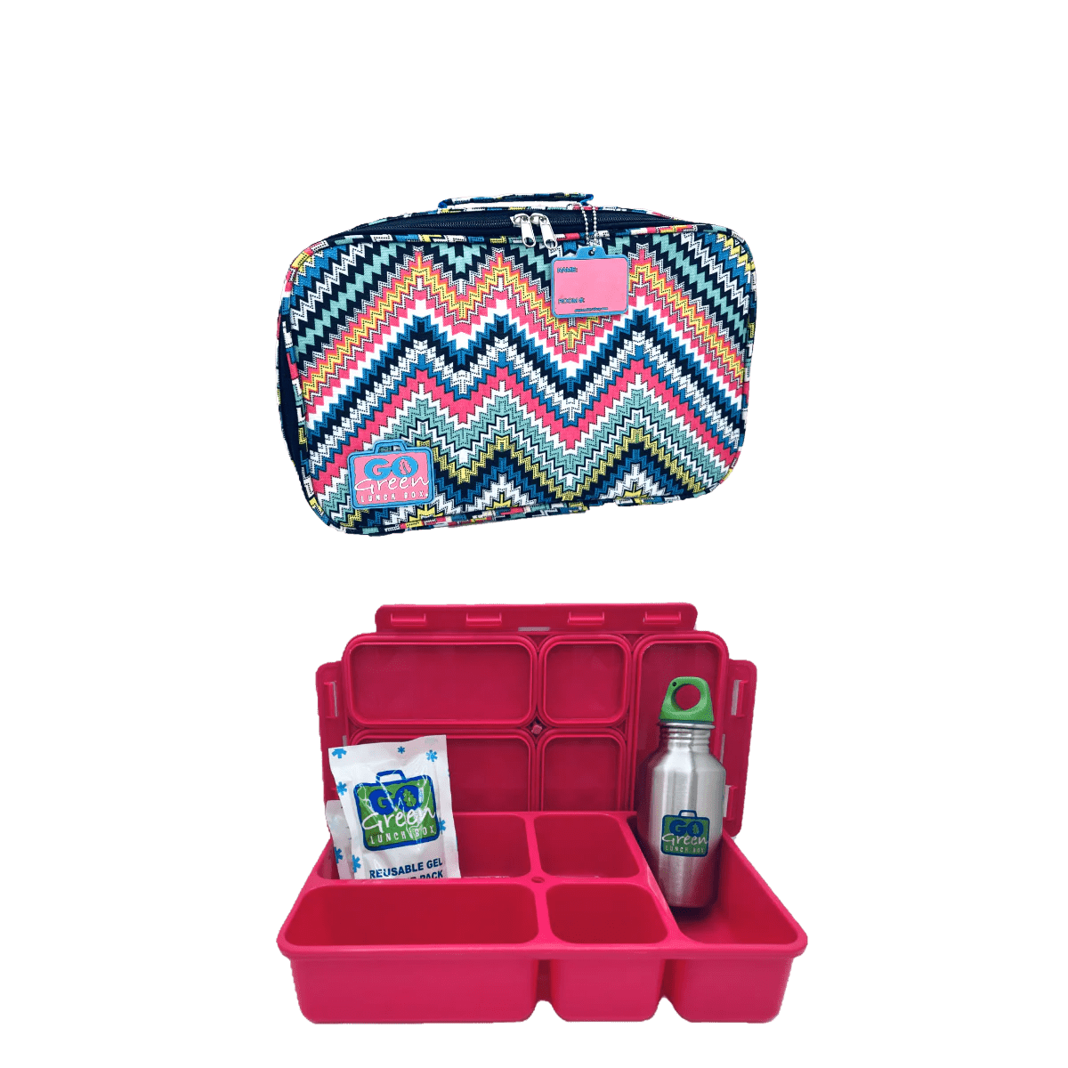 Go Green Lunch Box Set - Zoe Zig Zag (Pink Lunchbox + insulated bag + drink bottle + ice pack) Lunch Boxes for kids