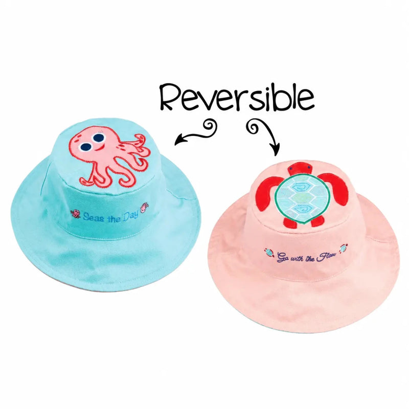 Reversible Kids Sun Hat - Pink Octopus / Sea Turtle – Hats NZ | Hyphen Kids