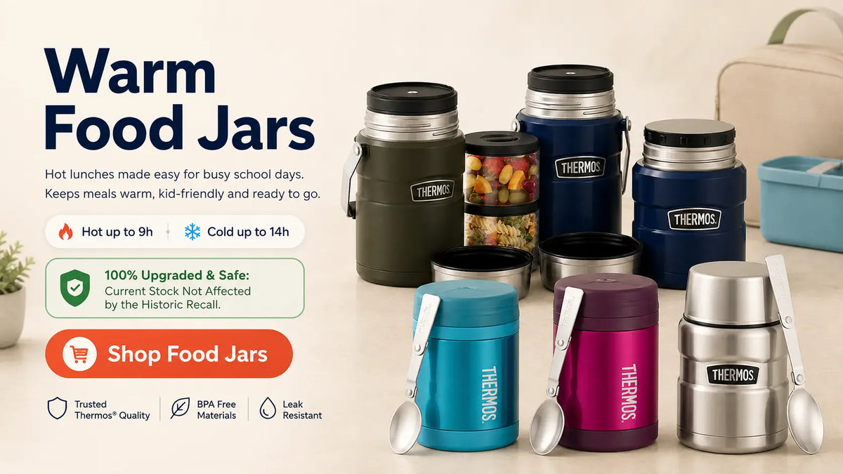 Warm food jars for kids' school lunches, including Thermos insulated food jars designed to keep meals hot, cold, leak-resistant and ready for school days.