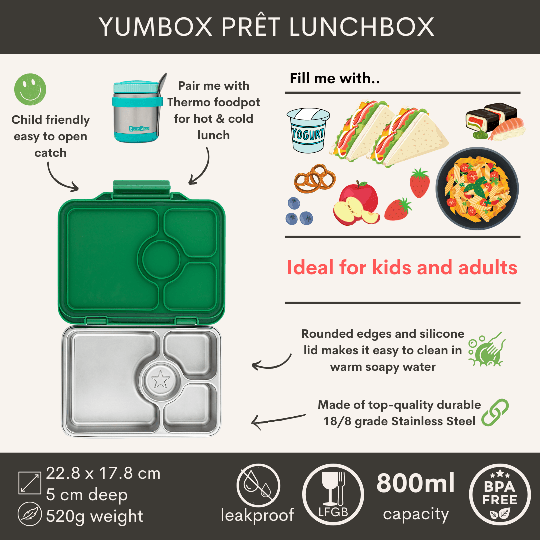 Yumbox Pret 4 Compartment Stainless Steel Leakproof Bento Lunch Box - Pomme Green-Lunch Boxes-Insulated Large Lunch Box