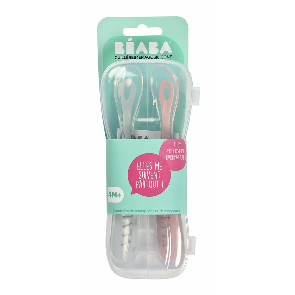 Beaba 1st Stage 2 Silicone Spoon Set And Carry Box - Pink/Light Mist -HYPHEN KIDS