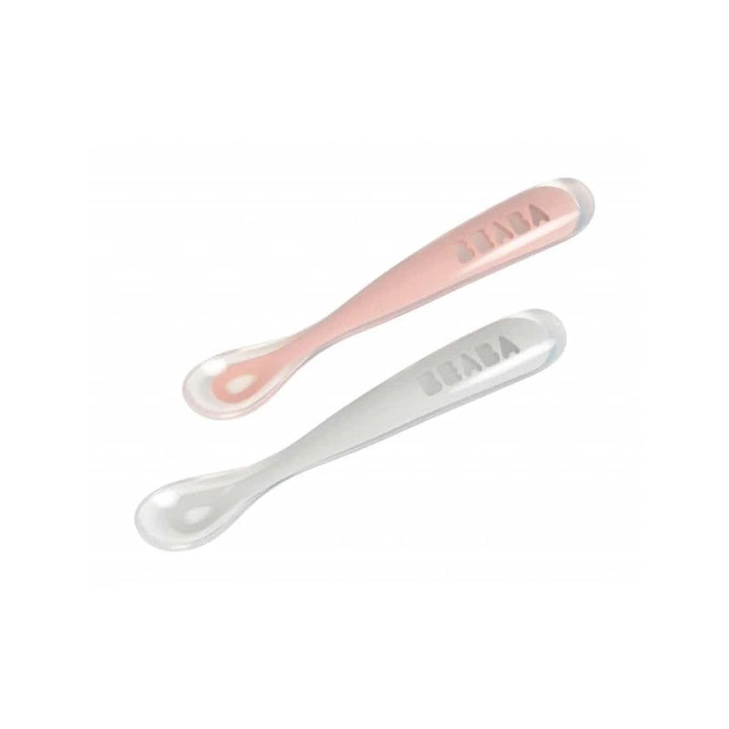 Beaba 1st Stage Silicone Spoon Travel Twin Set - Pink/Light Mist -HYPHEN KIDS