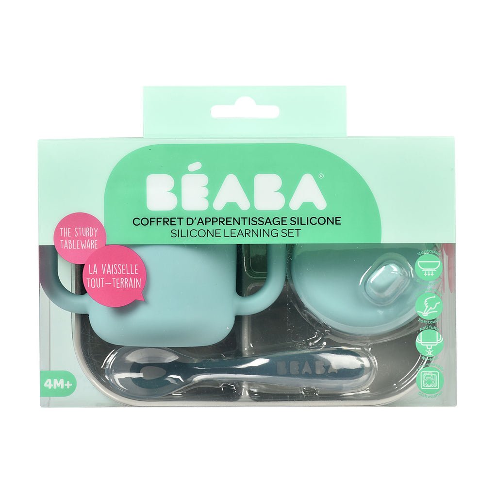Beaba Silicone Learning Set And Cup - Blue/Grey -HYPHEN KIDS