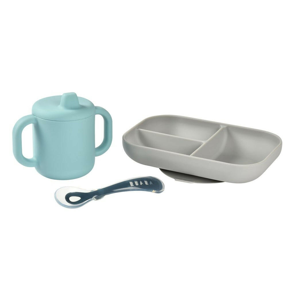Beaba Silicone Learning Set And Cup - Blue/Grey - Bowls & Utensils - not - on - sale