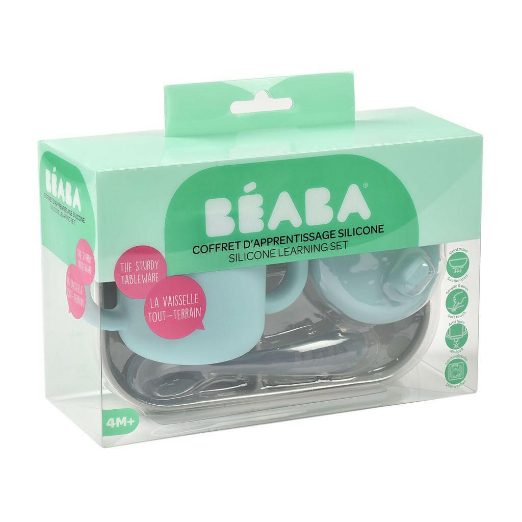 Beaba Silicone Learning Set And Cup - Blue/Grey - Bowls & Utensils - not - on - sale