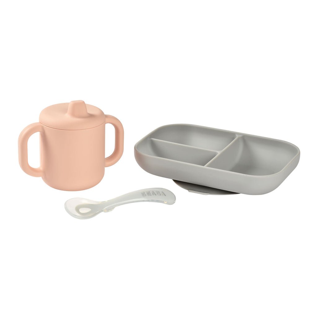 Beaba Silicone Learning Set And Cup - Pink/Grey -HYPHEN KIDS