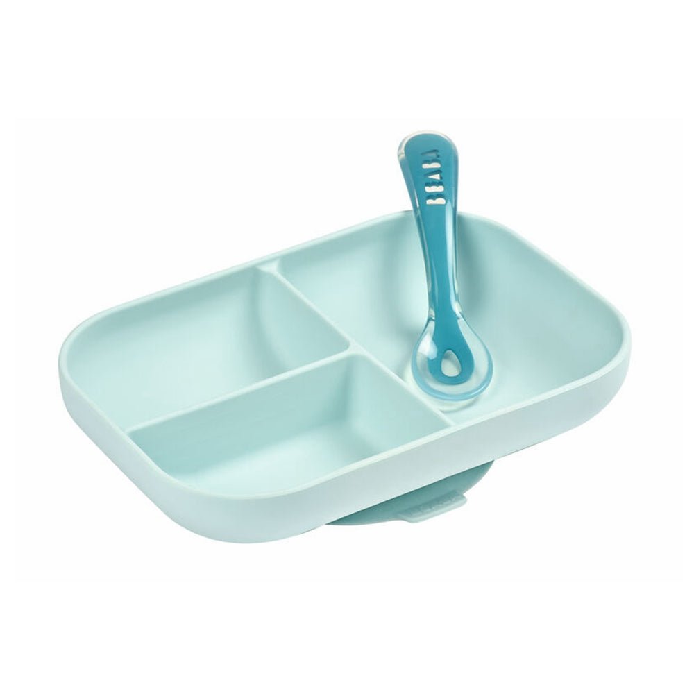 Beaba Silicone Suction Divided Plate & Spoon - Blue -HYPHEN KIDS