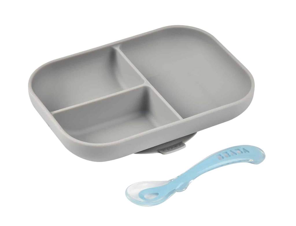 Beaba Silicone Suction Divided Plate & Spoon - Grey -HYPHEN KIDS