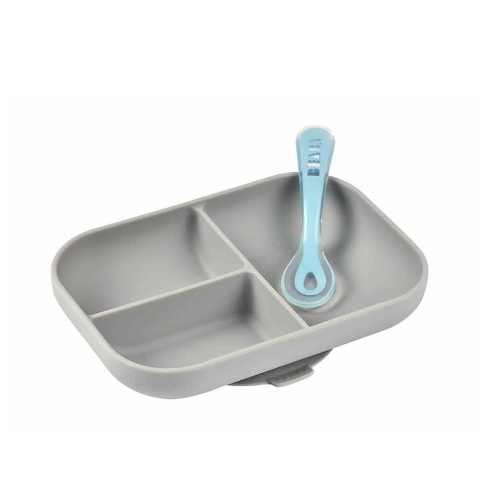 Beaba Silicone Suction Divided Plate & Spoon - Grey - Bowls & Utensils - not - on - sale