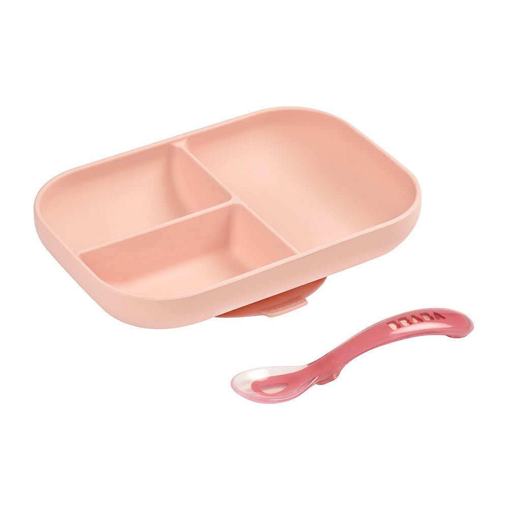 Beaba Silicone Suction Divided Plate & Spoon - Pink -HYPHEN KIDS